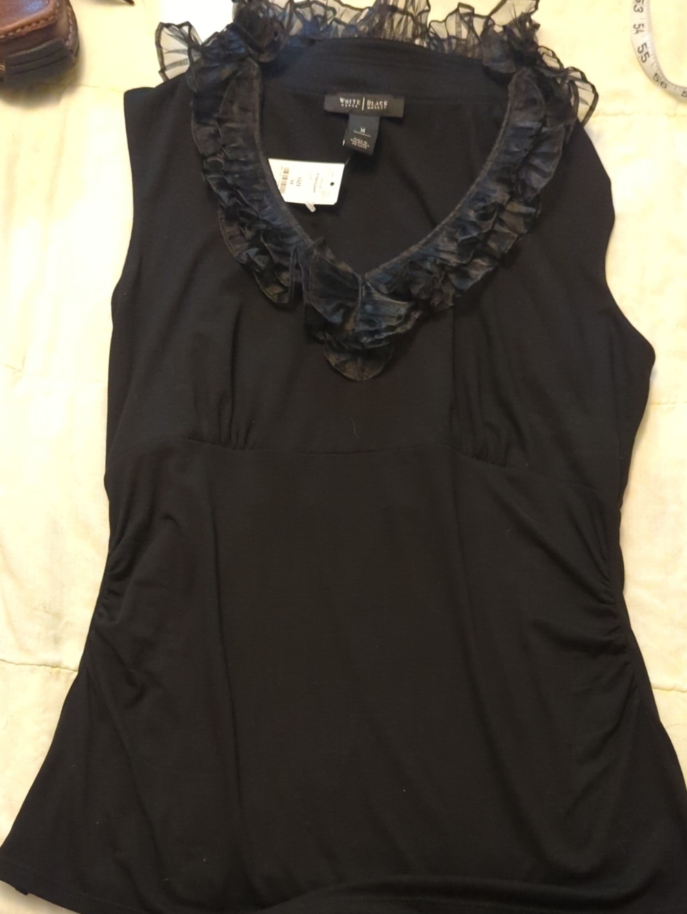 White House Black Market Black Ruffle V-Neck Sleeveless Top
